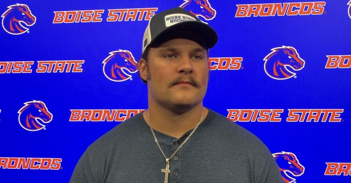 Boise State offensive lineman Jason Steele talks with the media following Monday's practice