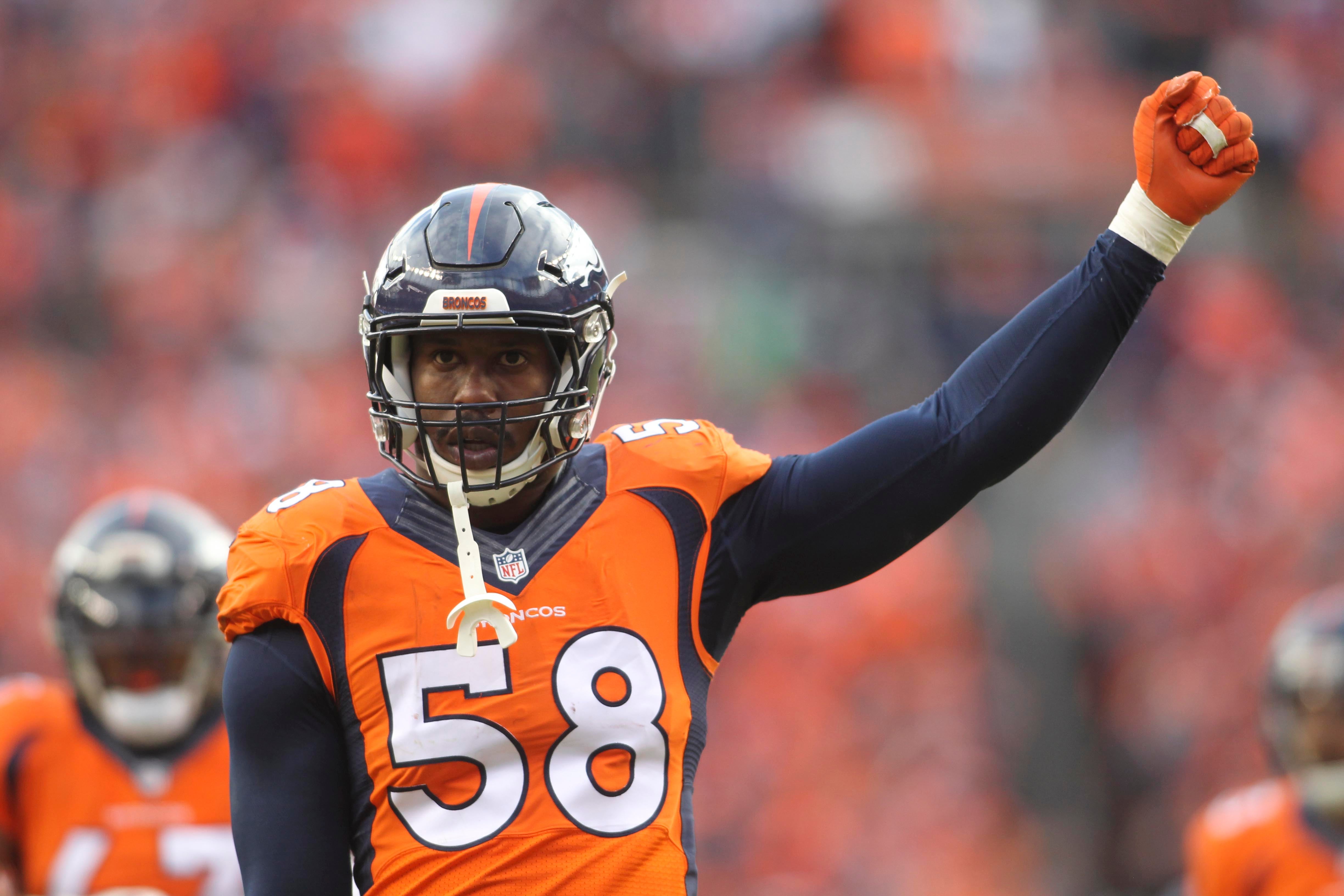 Denver, USA. September 09, 2018: Denver Broncos linebacker Von Miller (58)  during the second quarter of an NFL matchup between the Seattle Seahawks  and the Denver Broncos at Broncos Stadium at Mile