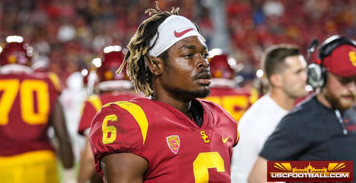 INDIANAPOLIS, IN - MARCH 05: USC defensive back Isaac Taylor-Stuart answers  questions from the media during the NFL Scouting Combine on March 5, 2022,  at the Indiana Convention Center in Indianapolis, IN. (