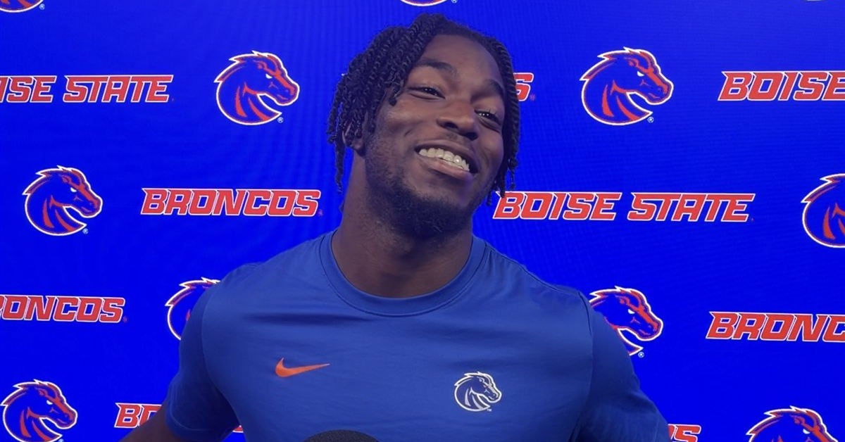  Boise State safety Derek Ganter Jr. talks with the media after Monday's fall camp practice