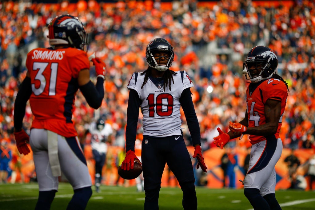 October 15, 2017: Denver Broncos cornerback Aqib Talib (21) during pre-game  warm up of an NFL week 6 matchup between the New York Giants and the Denver  Broncos at Sports Authority Field