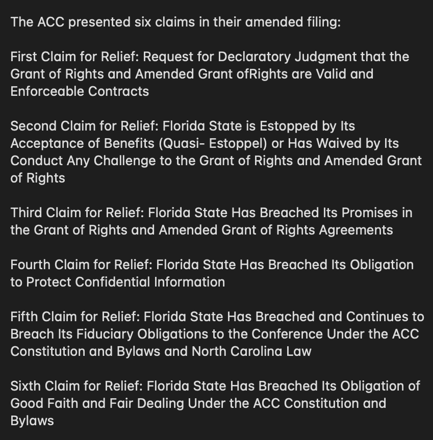 ACC files amended complaint against Florida State in North Carolina court