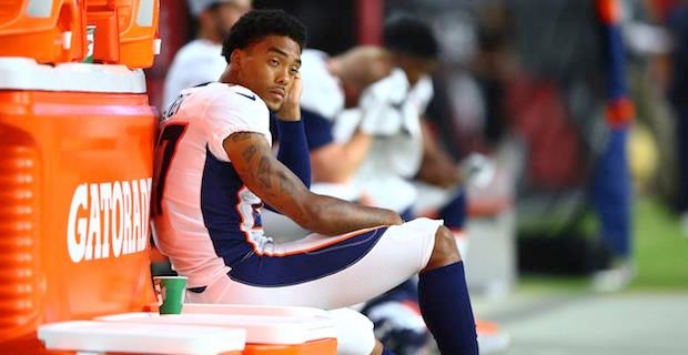 Denver Broncos wide receiver Brendan Langley (12) warms up during an NFL  training camp practice at the team's headquarters Tuesday, July 30, 2019,  in Englewood, Colo. (AP Photo/David Zalubowski Stock Photo - Alamy