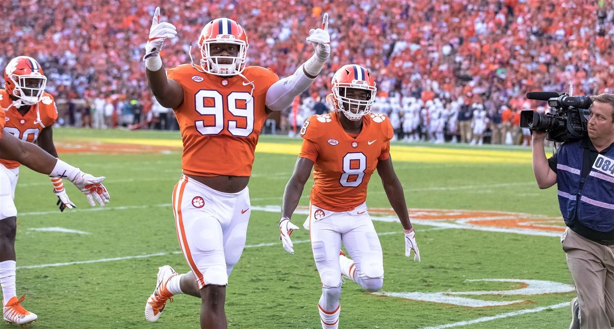 Defensive end Clelin Ferrell (99) grabs some air during a Las