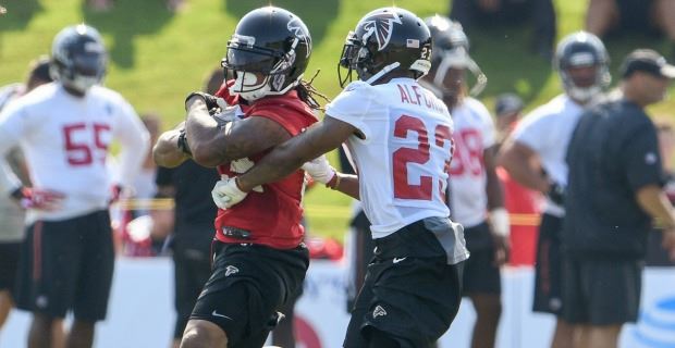 Atlanta Falcons middle linebacker Deion Jones (45) intercepts a ball in the  end zone ahead of New Orleans Saints tight end Josh Hill (89) during the  second half of an NFL football