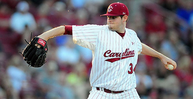 Starting pitcher Jordan Montgomery (34) of the South Carolina Gamecocks  delivers a pitch in an NCAA Division I Baseball Regional Tournament game  against the Campbell Camels on Friday, May 30, 2014, at