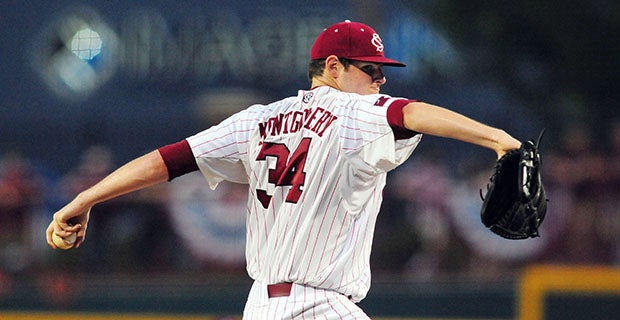 Starting pitcher Jordan Montgomery (34) of the South Carolina Gamecocks  delivers a pitch in an NCAA Division I Baseball Regional Tournament game  against the Campbell Camels on Friday, May 30, 2014, at