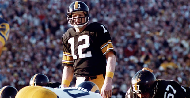 Quarterback Terry Bradshaw of the Pittsburgh Steelers throws a pass