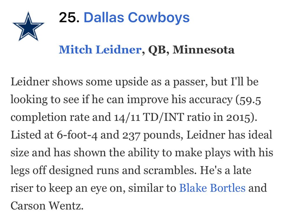 Todd McShay's mock draft has Cowboys getting a surprise pass