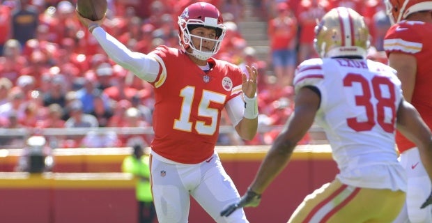 Kansas City Chiefs' Patrick Mahomes during the first half of a preseason  NFL football game against the Chicago Bears Saturday, Aug. 25, 2018, in  Chicago. (AP Photo/Annie Rice)