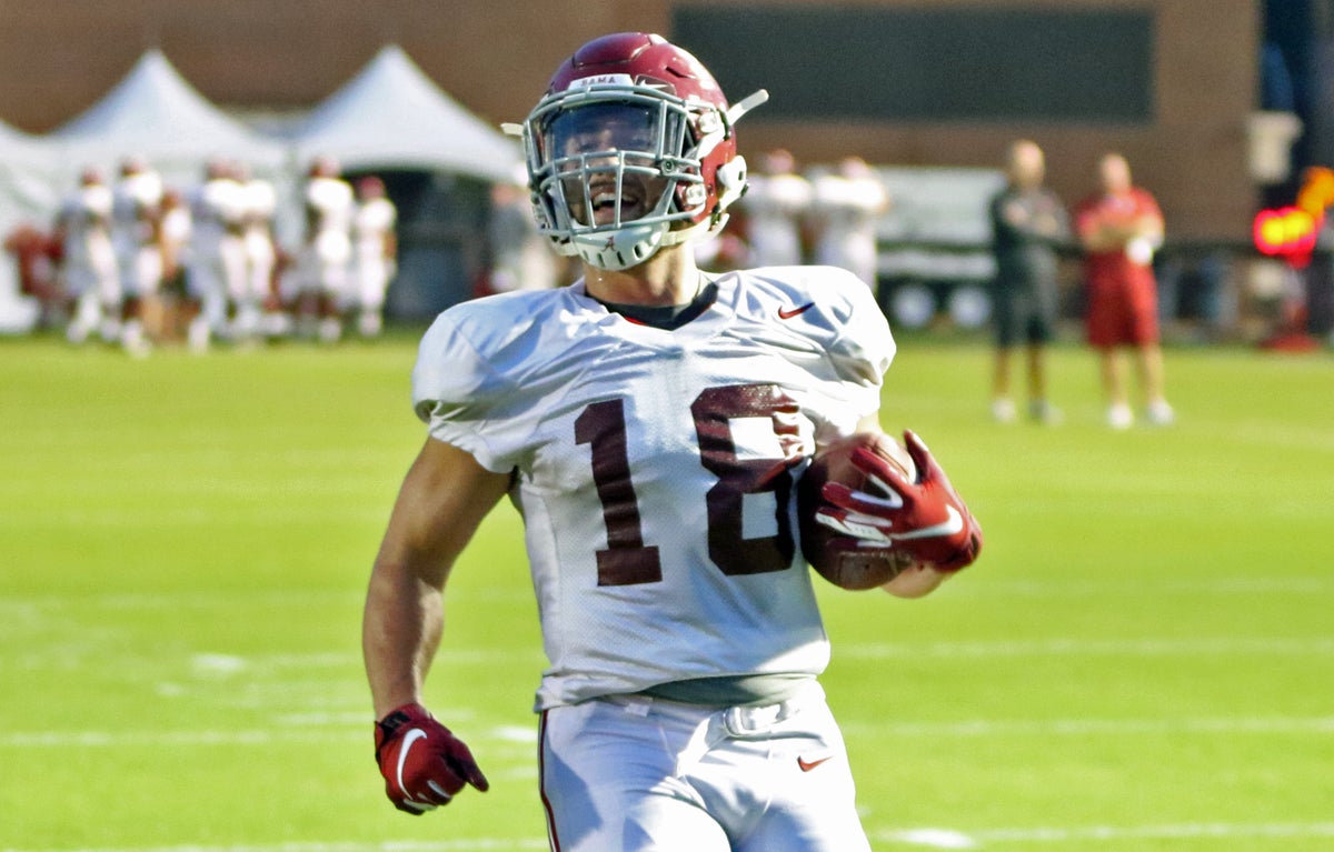 Slade Bolden #WO04 of Alabama runs a drill during the NFL Combine