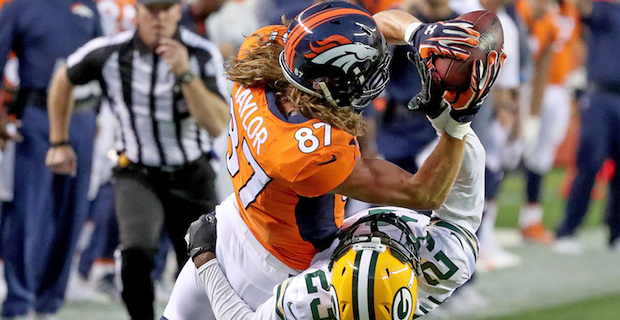 Denver Broncos wide receiver Jordan Taylor (87) dives after the