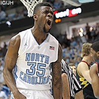 North Carolina's James Michael McAdoo (43) shoots past Maryland's Seth  Allen (4) during the second half of an NCAA college basketball game in the  semifinals of the Atlantic Coast Conference tournament in