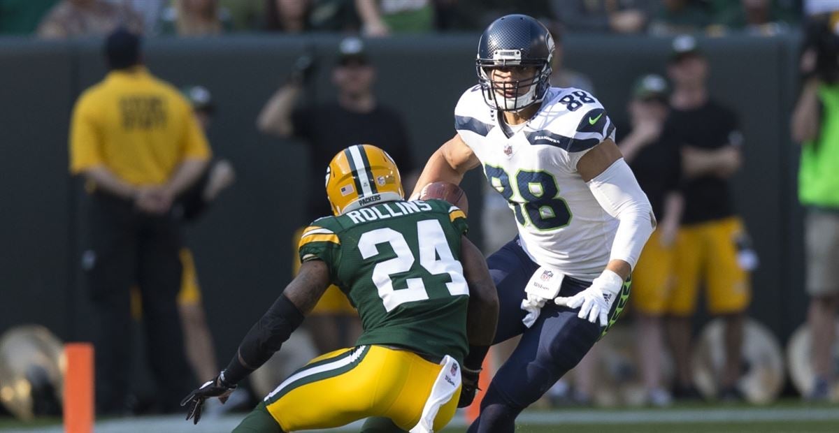 Green Bay Packers Jimmy Graham during NFL football minicamp practice  Wednesday June 12, 2019 in Green Bay, Wis.. (AP Photo/Mike Roemer Stock  Photo - Alamy