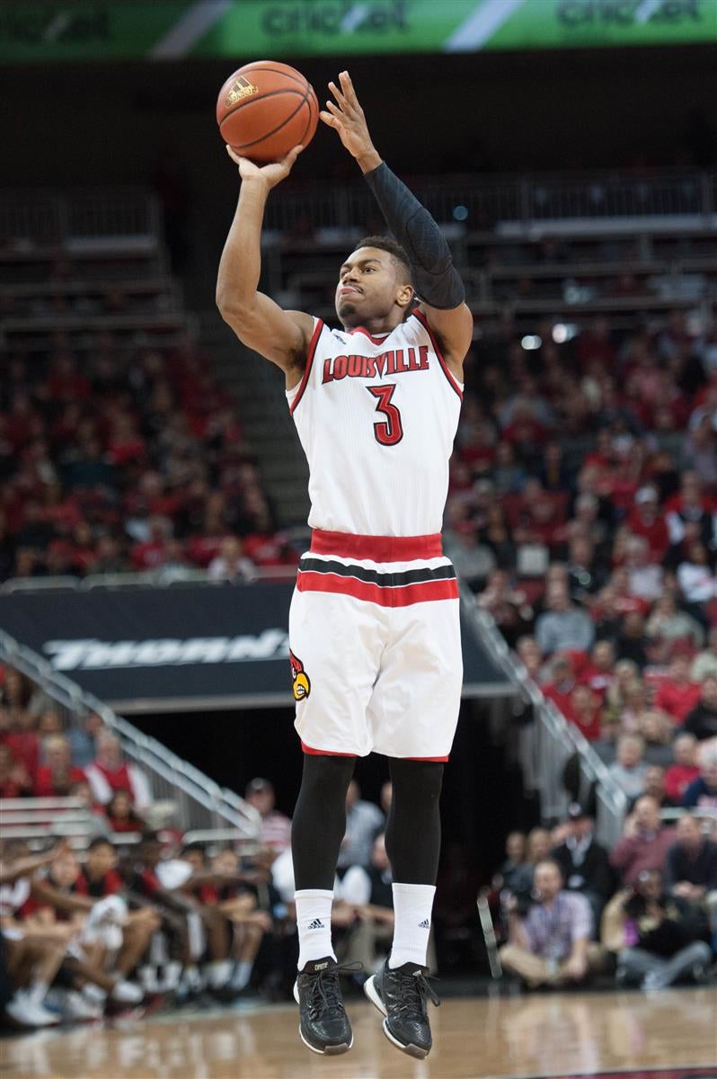 Louisville Cardinals guard Trey Lewis (3) dribbles the ball up the court  during the NCAA basketball game between Louisville and Clemson on Sunday,  January 10, 2016 at Bon Secours Arena in Greenville