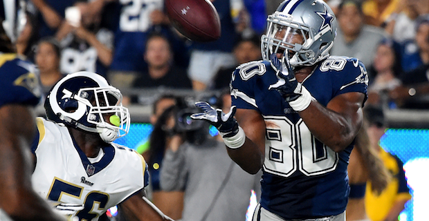 Dallas Cowboys tight end Geoff Swaim (87) celebrates with Dallas Cowboys  wide receiver Dez Bryant (88) after scoring a touchdown against the New  York Giants during the fourth quarter of an NFL