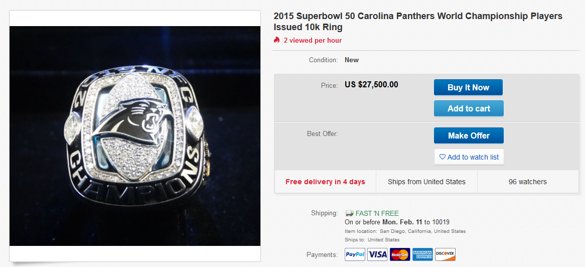 Carolina Panthers 2015 player-issued NFC Championship ring listed