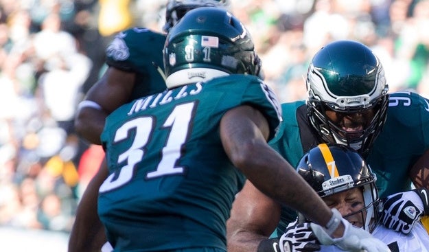 October 23, 2017: Philadelphia Eagles cornerback Jalen Mills (31) reacts  during warm-ups prior to the NFL game between the Washington Redskins and  the Philadelphia Eagles at Lincoln Financial Field in Philadelphia,  Pennsylvania.