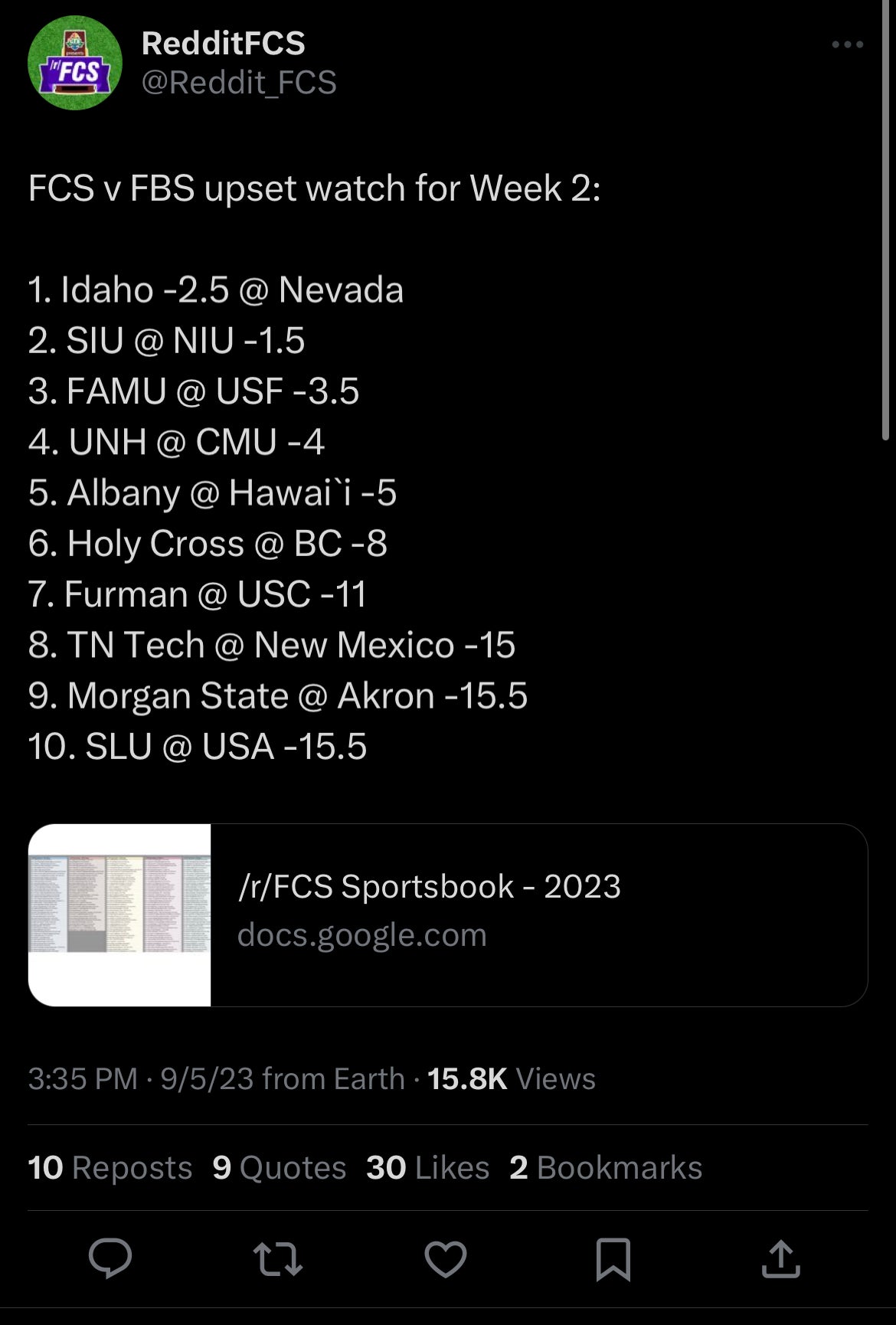 Week 6 /r/FCS Sportsbook Lines and Betting Game Submission : r/fcs