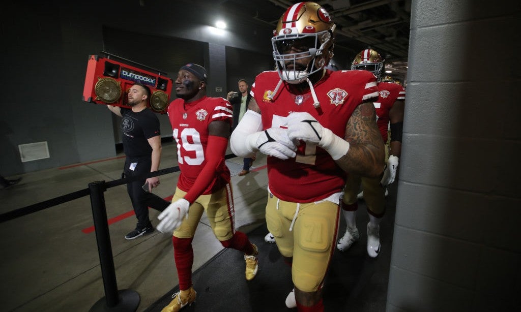 San Francisco 49ers head coach Kyle Shanahan fist pumps his