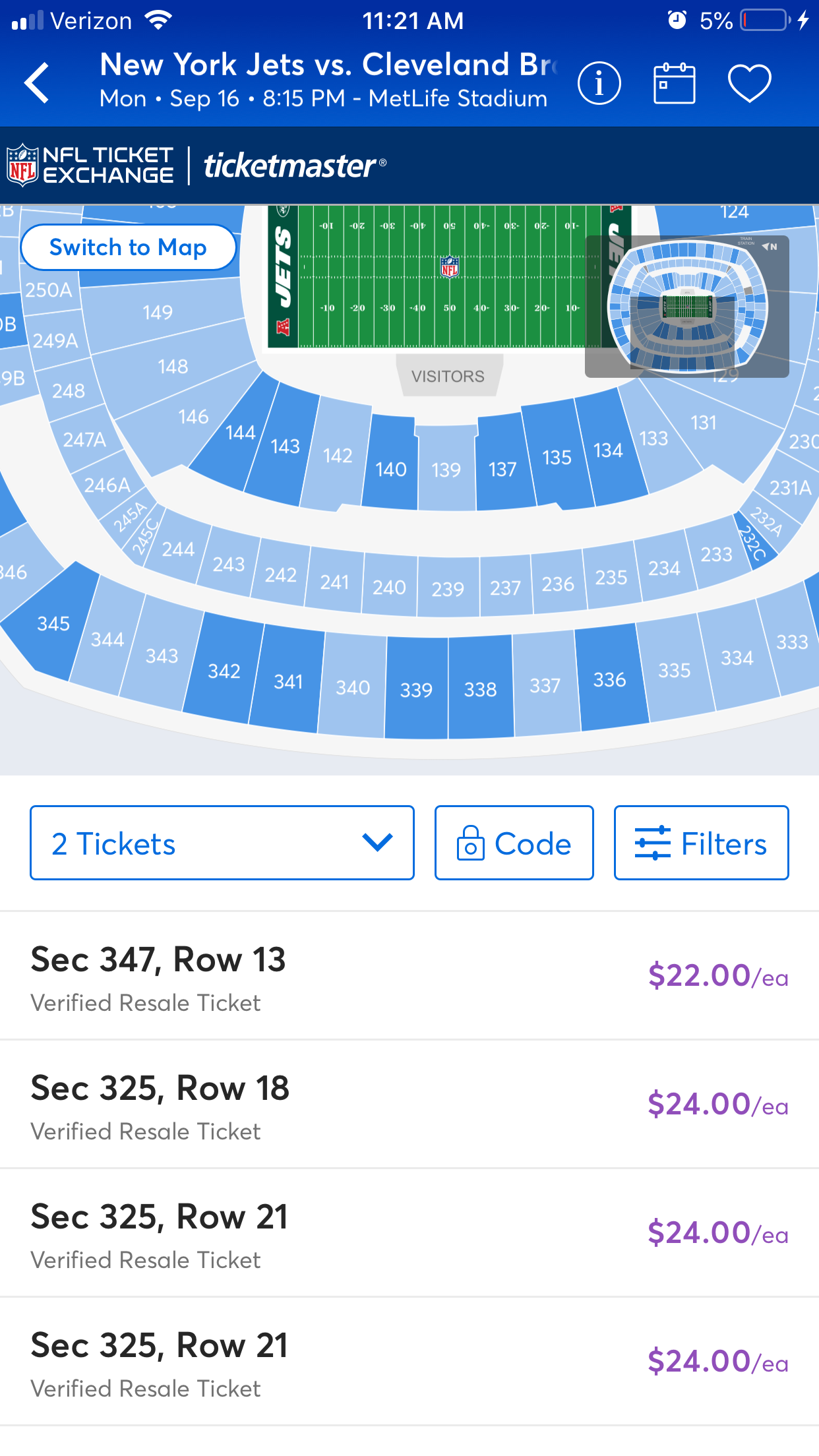 Browns at Jets tickets PLUMMETING