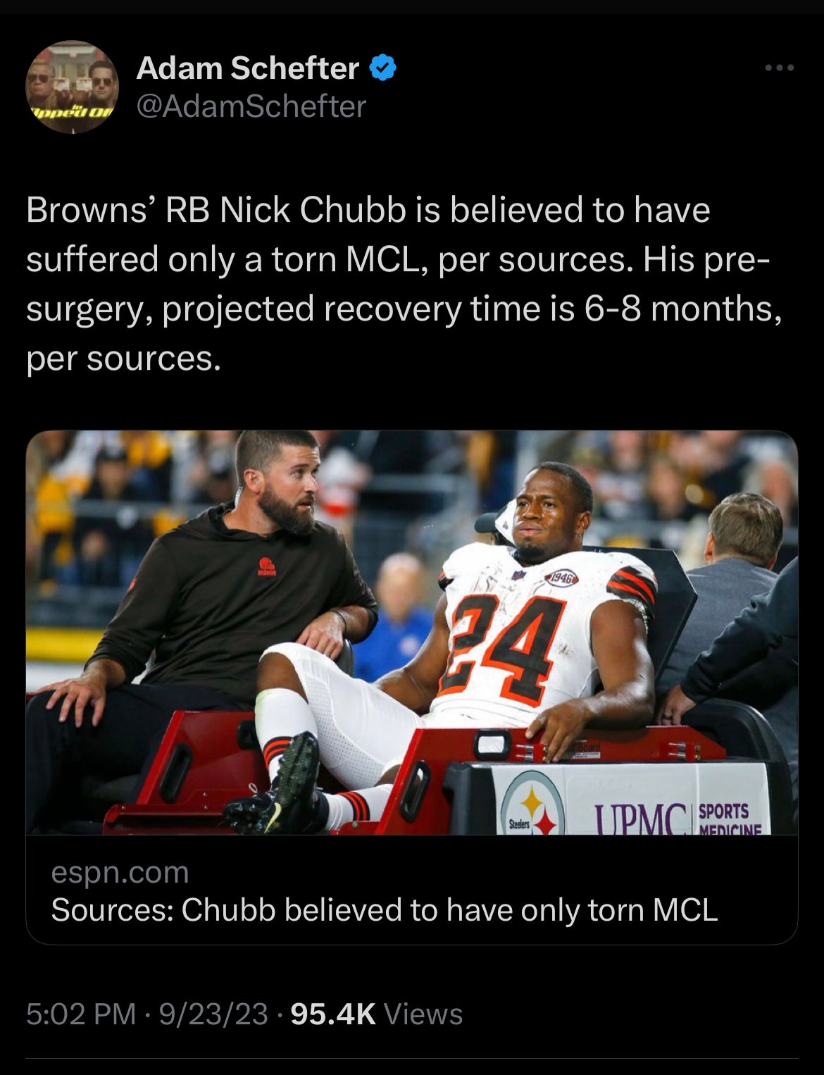 Browns running back Nick Chubb is believed to have only 1 torn