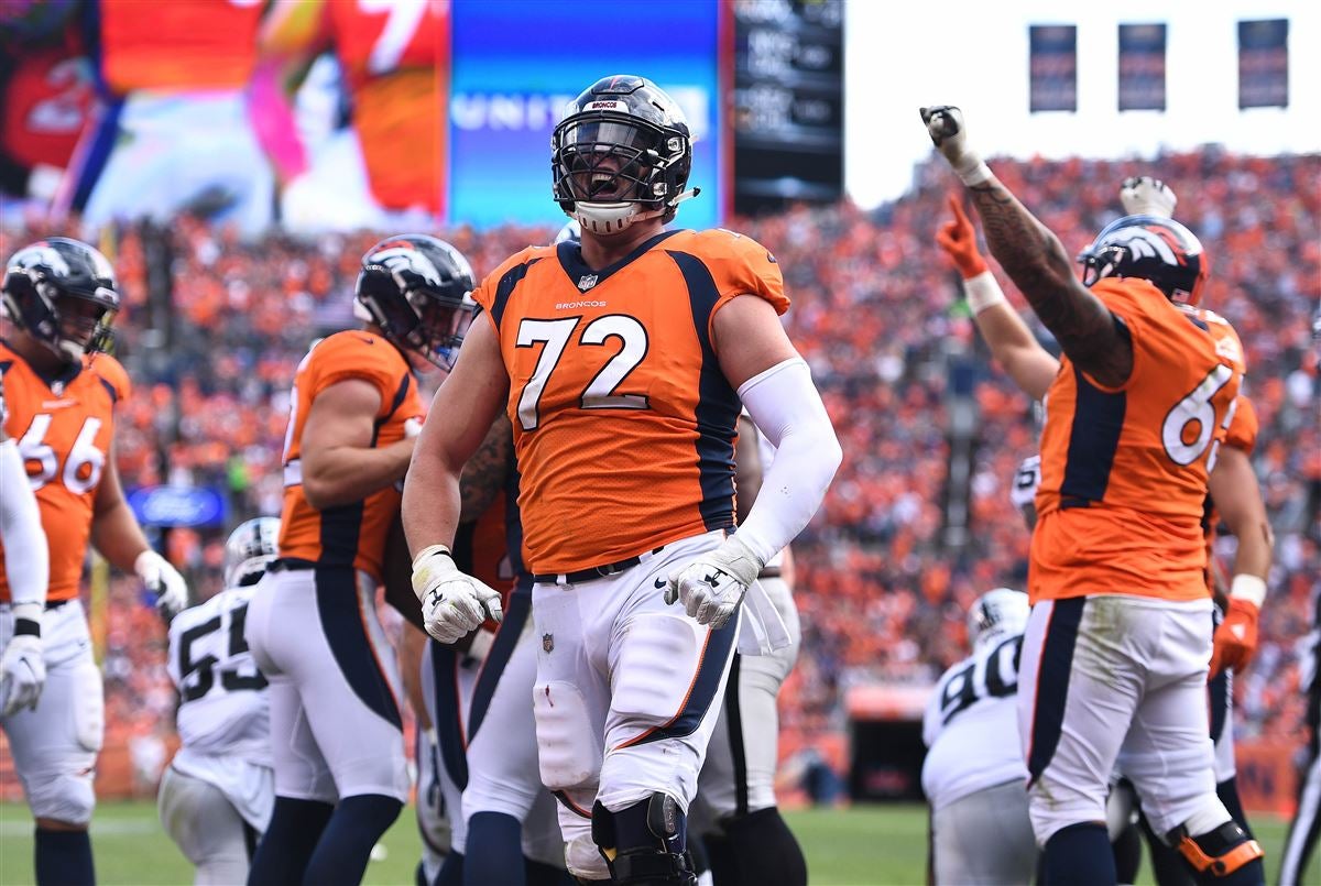 Denver Broncos offensive tackle Garett Bolles (72) during the first half of  an NFL football game against the Las Vegas Raiders, Sunday, Dec. 26, 2021,  in Las Vegas. (AP Photo/Rick Scuteri Stock