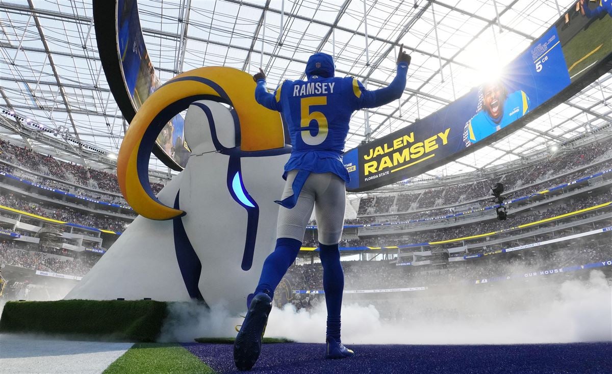 Los Angeles Rams cornerback Jalen Ramsey (5) grabs the jersey of