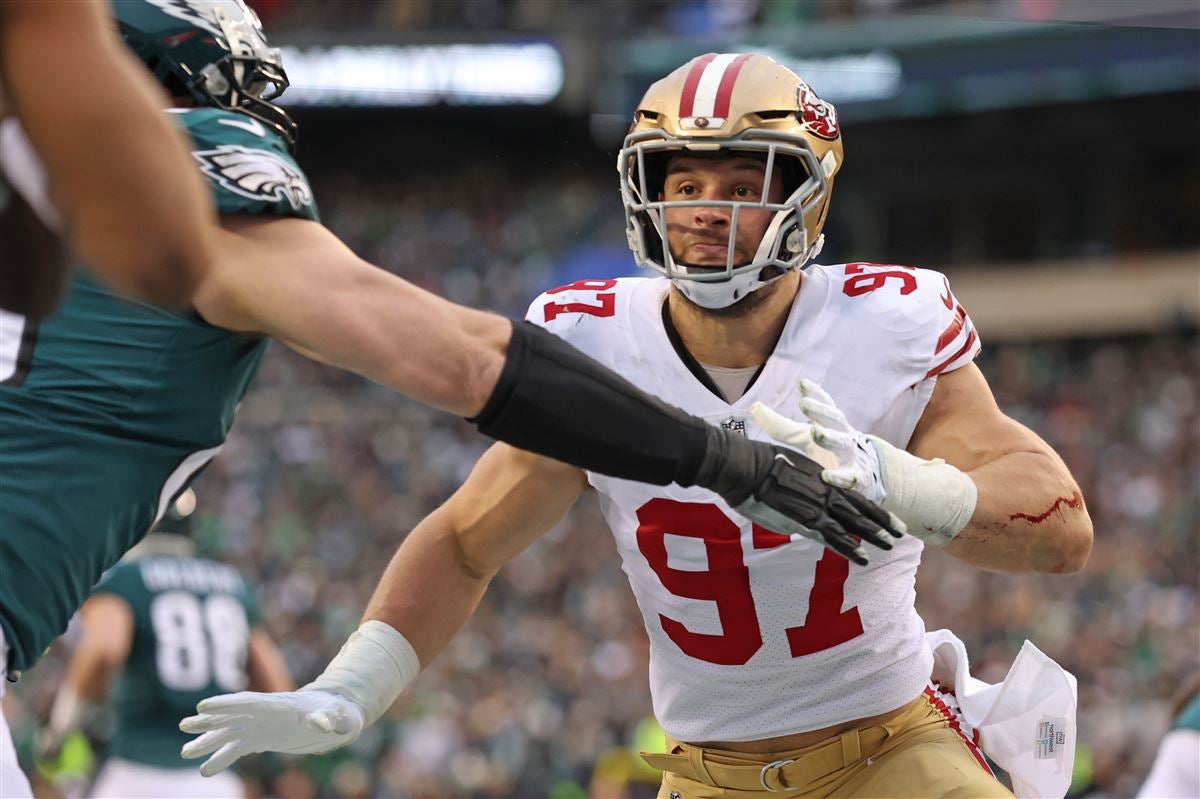 Jan 29, 2023; Philadelphia, Pennsylvania, USA; San Francisco 49ers defensive end Nick Bosa (97) battles with Philadelphia Eagles offensive tackle Lane Johnson (65) during the second quarter in the NFC Championship game at Lincoln Financial Field. Mandatory Credit: Bill Streicher-USA TODAY Sports (NFL)