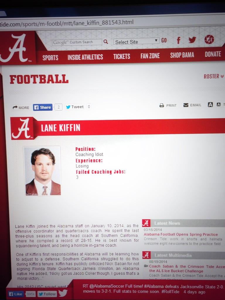 Was Lane Kiffin s Bio On Rolltide Hacked 