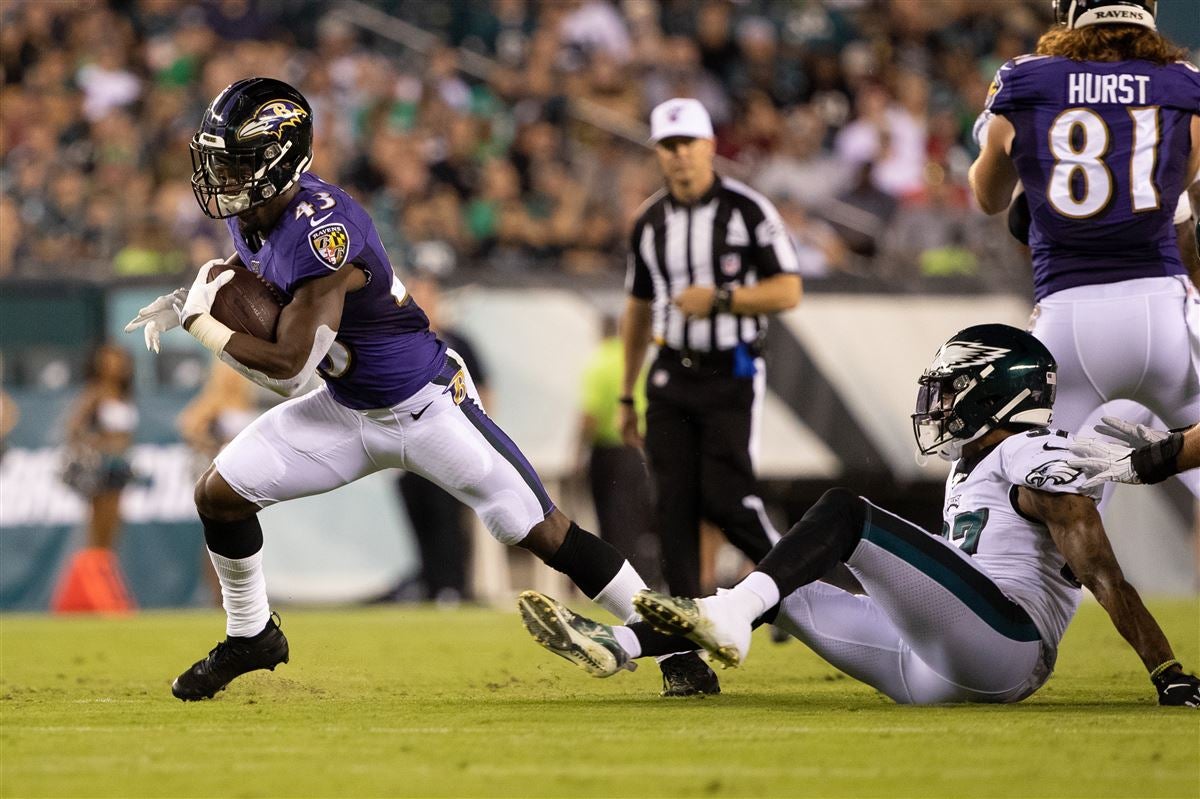 Baltimore Ravens running back Justice Hill works out during the team's NFL  football training camp, Thursday, July 27, 2023, in Owings Mills, Md. (AP  Photo/Julio Cortez Stock Photo - Alamy