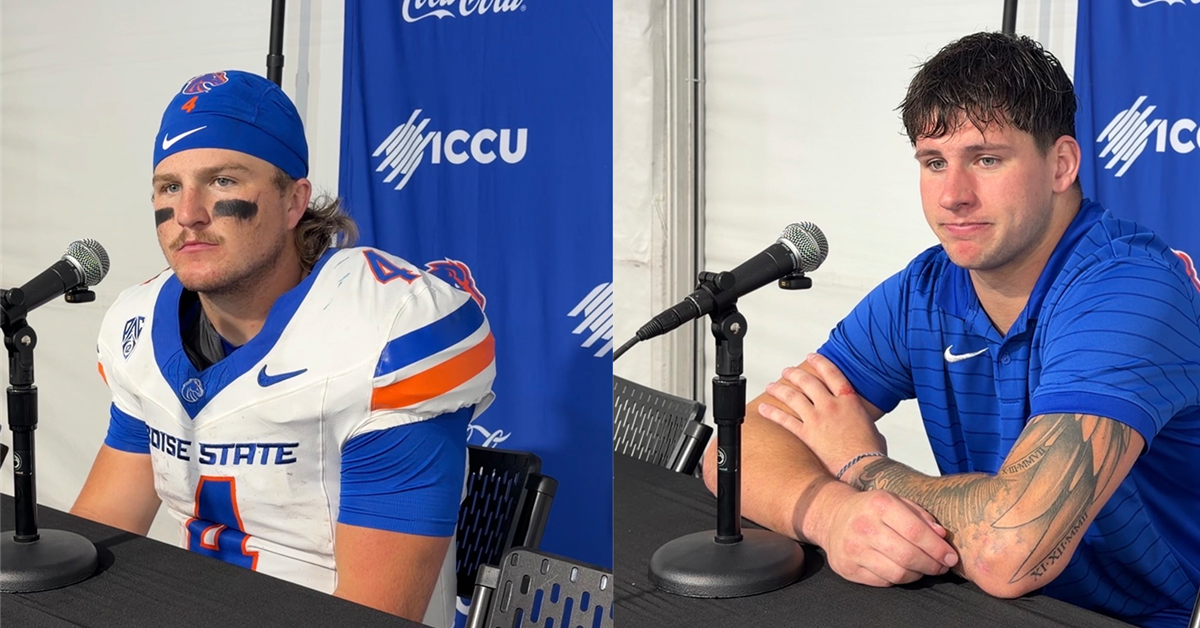 Boise State players Maddux Madsen and Boen Phelps meet with the media after 34-27 loss at No. 2 Oregon