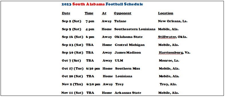 2023 South Alabama Football Schedule