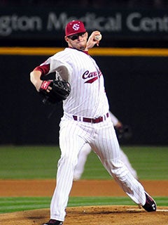 Starting pitcher Jordan Montgomery (34) of the South Carolina Gamecocks  delivers a pitch in an NCAA Division I Baseball Regional Tournament game  against the Campbell Camels on Friday, May 30, 2014, at