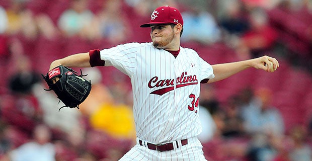 Starting pitcher Jordan Montgomery (34) of the South Carolina Gamecocks  delivers a pitch in an NCAA Division I Baseball Regional Tournament game  against the Campbell Camels on Friday, May 30, 2014, at