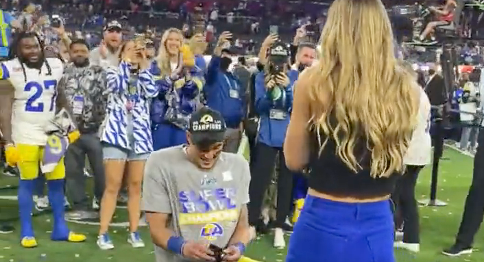 Los Angeles Rams player Taylor Rapp proposes after Super Bowl LVI