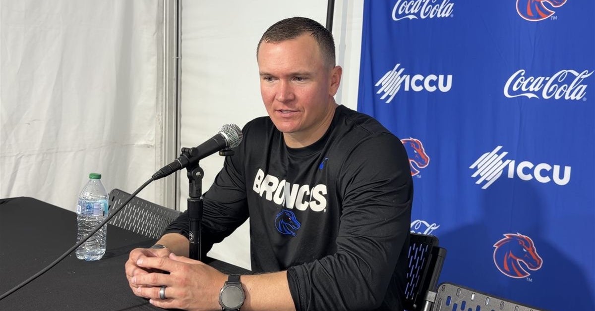  Boise State coach Spencer Danielson talks with the media after a 34-27 loss at No. 2 Oregon