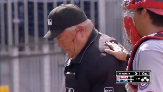 Umpire Joe West exits game after being hit by Bo Bichette's backswing - NBC  Sports