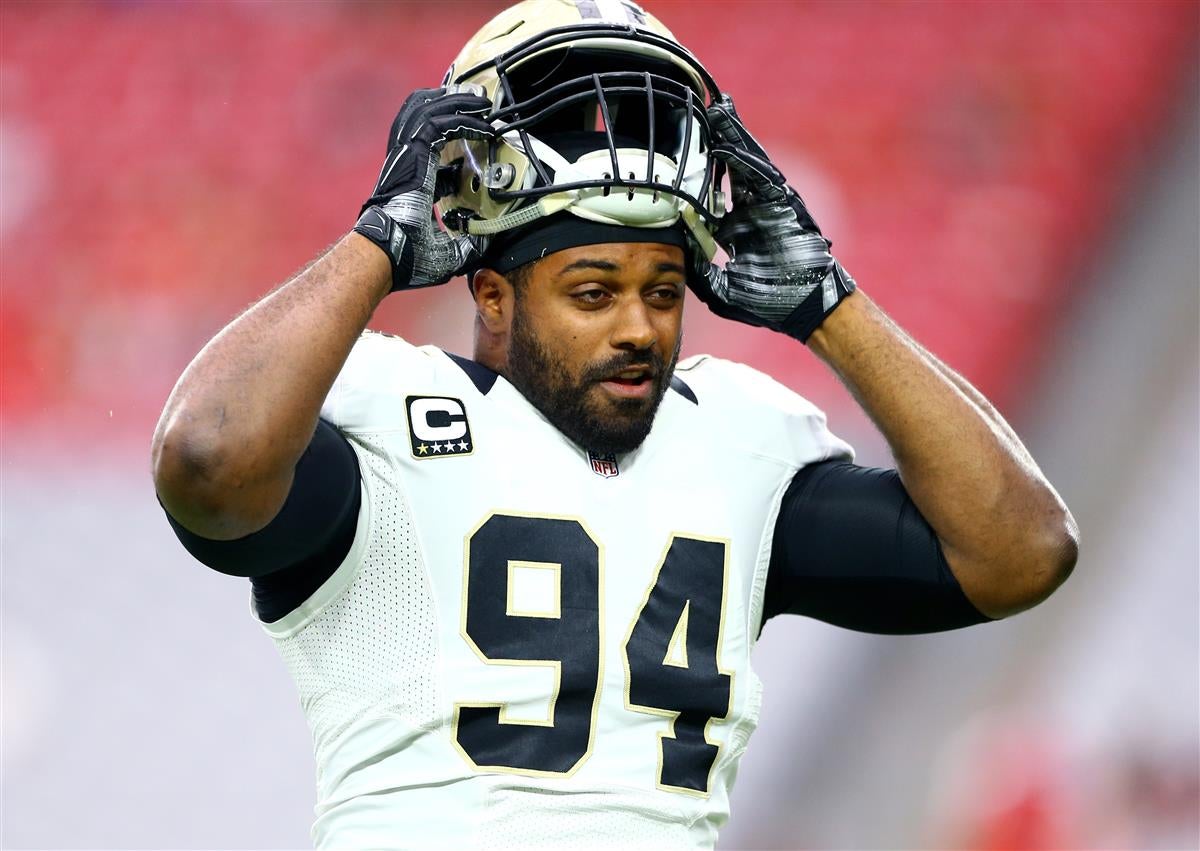 New Orleans Saints defensive end Cameron Jordan (94) signals during the  second half of an NFL football game against the Atlanta Falcons, Sunday,  Sep. 11, 2022, in Atlanta. The New Orleans Saints