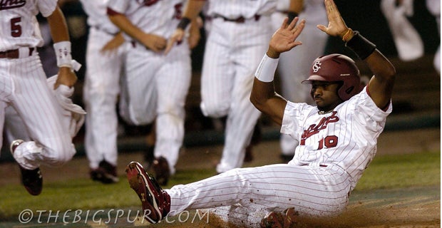 South Carolina's Jackie Bradley Jr. connects on a pitch in the first inning  against Virginia during the College World Series at TD Ameritrade Park in  Omaha, Nebraska, Tuesday, June 21, 2011. The University of South Carolina  defeated the University of